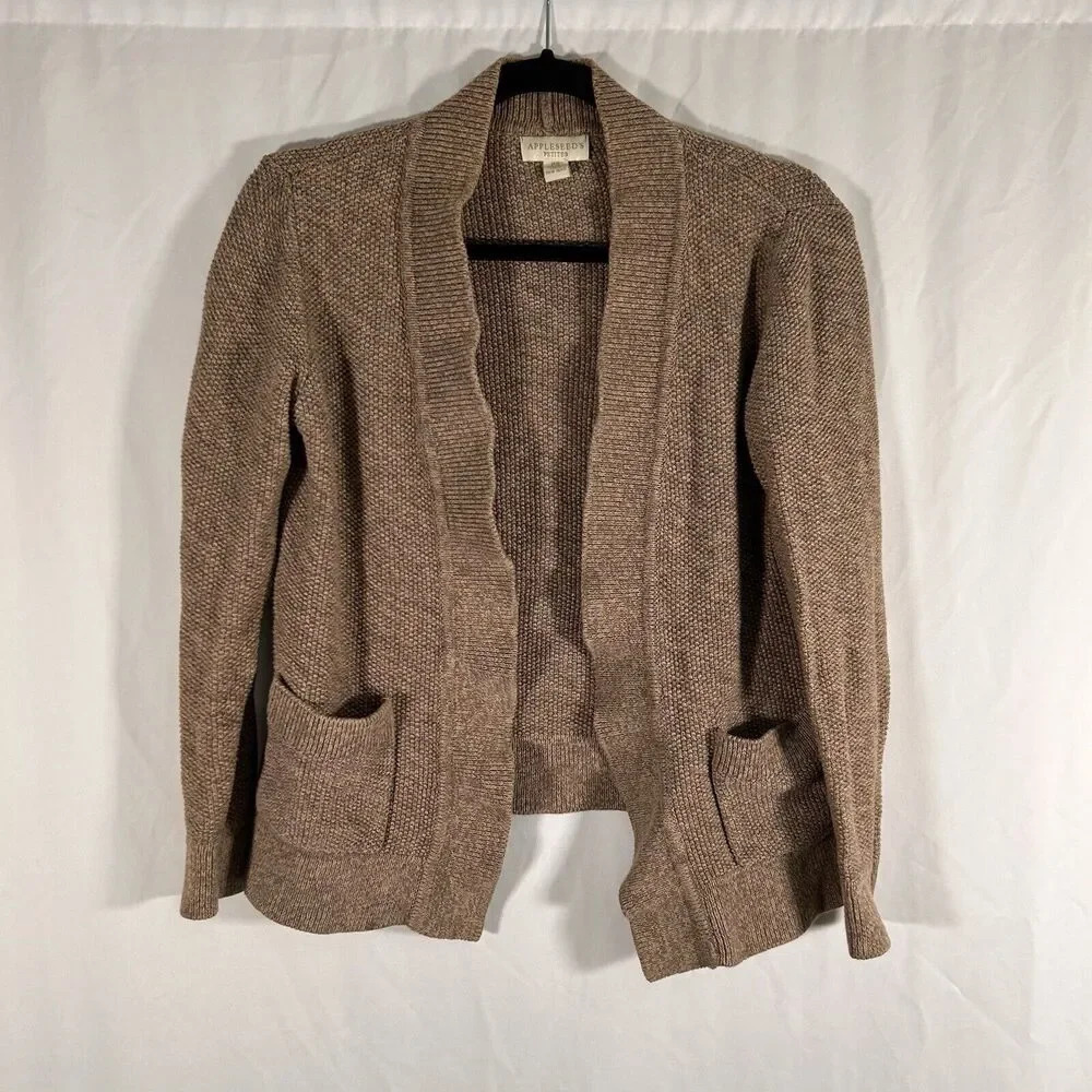Appleseeds Cardigan Women Small Petite Brown Knit Open Front Long Sleeve Pockets
